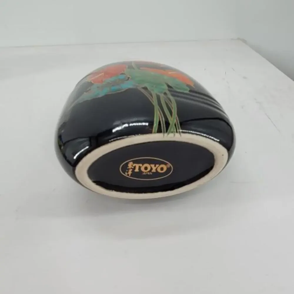 Vintage 80s‎ Toyo Japan Black Orange Bird of Paradise Bubble Vase 2-2